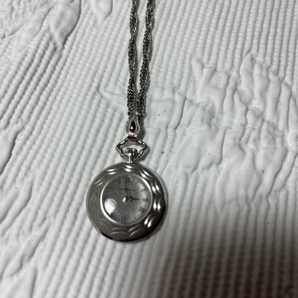 Vintage Caravelle Woman’s Pocket Watch With Chain Silver